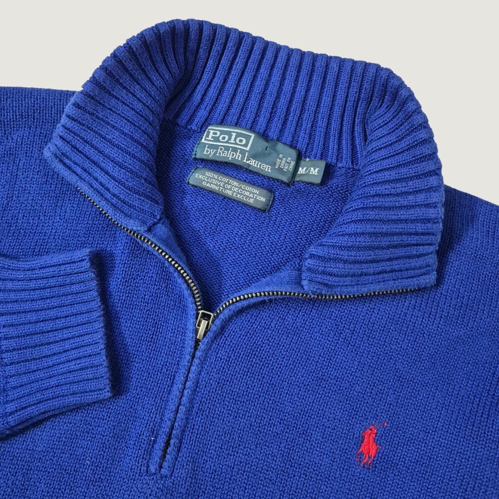Polo Ralph Lauren Quarter Zip Sweater Mens Medium Blue Cotton Knit Pony Logo